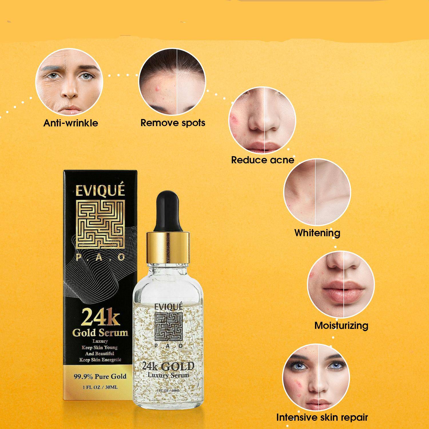 Evique 24K Gold Serum with Hyaluronic Acid +Vitamin E- Anti-Ageing facial Boost Evique 24K Gold Serum with Hyaluronic Acid +Vitamin E- Anti-Ageing facial Boost Anti Aging Products Beauty Natural Products Organic Skincare Skin Care