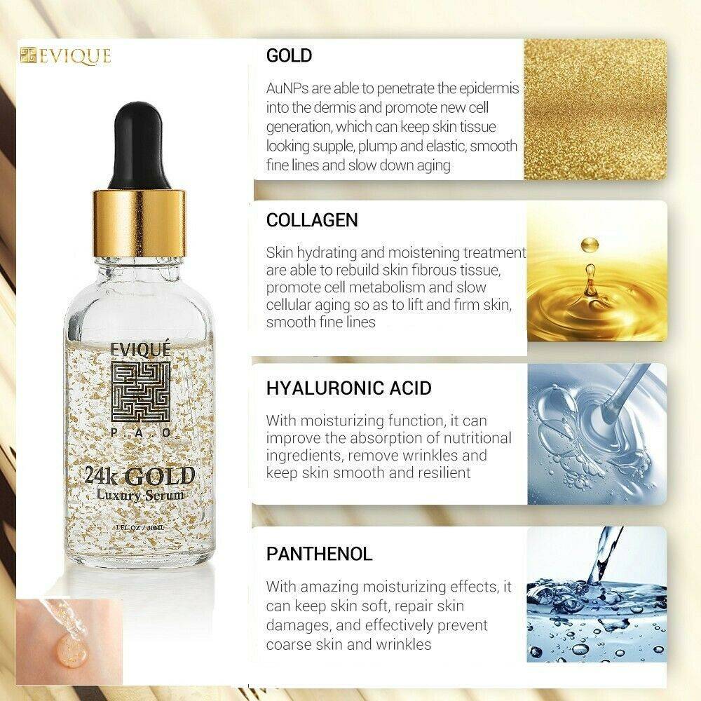 Evique 24K Gold Serum with Hyaluronic Acid +Vitamin E- Anti-Ageing facial Boost Evique 24K Gold Serum with Hyaluronic Acid +Vitamin E- Anti-Ageing facial Boost Anti Aging Products Beauty Natural Products Organic Skincare Skin Care
